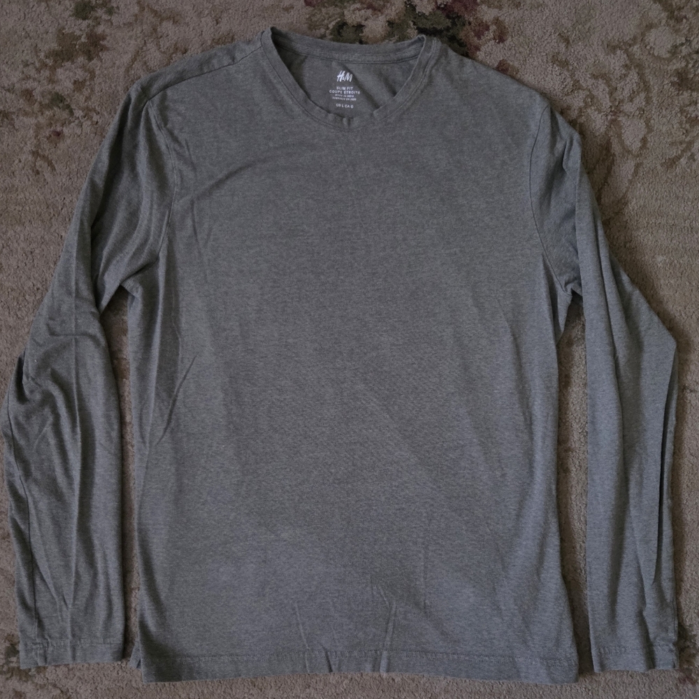 H&M Light Green/Gray Slim Fit Long Sleeve Shirt Large